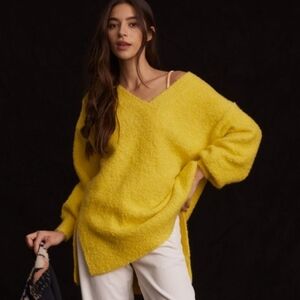 Anthropologie Pilcro Yellow Chunky Sweater V-Neck Tunic Teddy Oversized Small